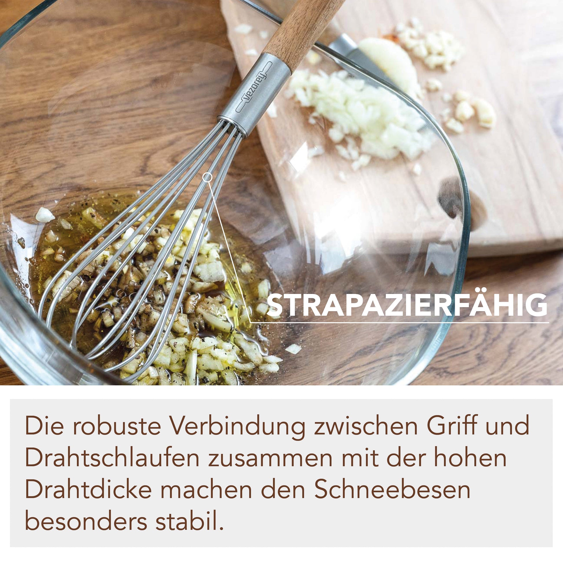 VEZOREY® - Schneebesen - Rührbesen - Edelstahl Schneebesen mit Akazienholzgriff - 28cm-3